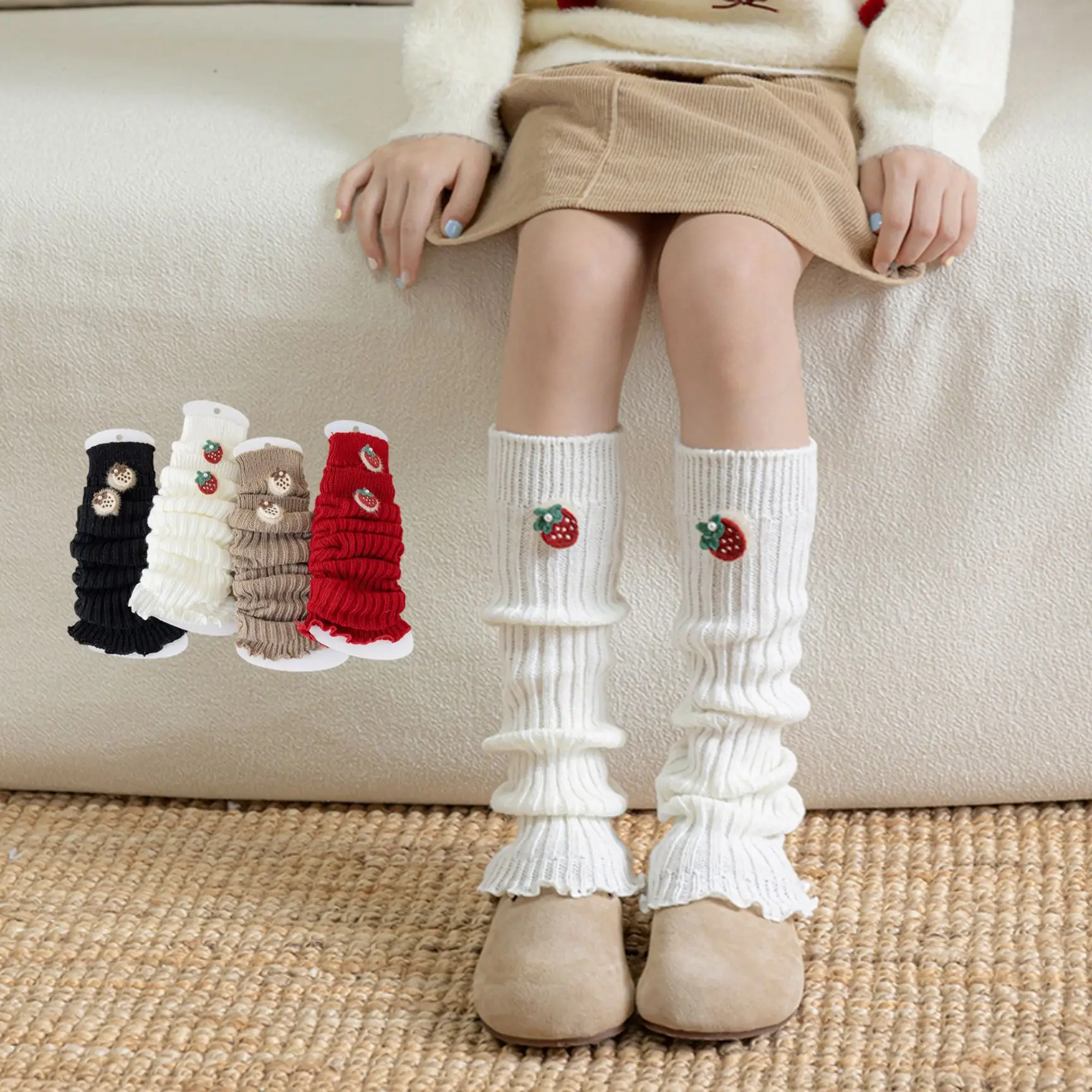 New Girls Cute Strawberry Knitted Retro Stacked Socks Fashion Girls's Leg Warmers Thickened INS Lolita Mid-Calf Sock for Girls