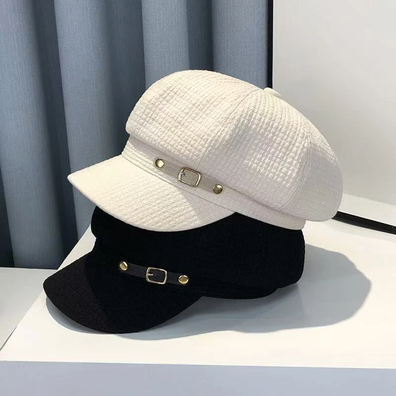 British Retro Women Baker Boy Cap Daily Outings Newsboy Cap Fashion Octagonal Beret with Brim Ladies Waffle Texture Painter Hat