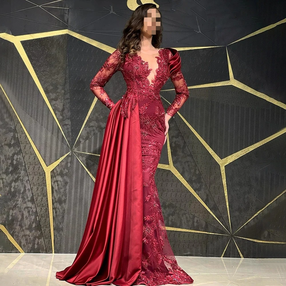 Vinca Sunny Personalizzato Musulmano Vino Rosso Sirena Abiti da sera Applique in pizzo In rilievo Donne Abiti da ballo per feste robes de soirée