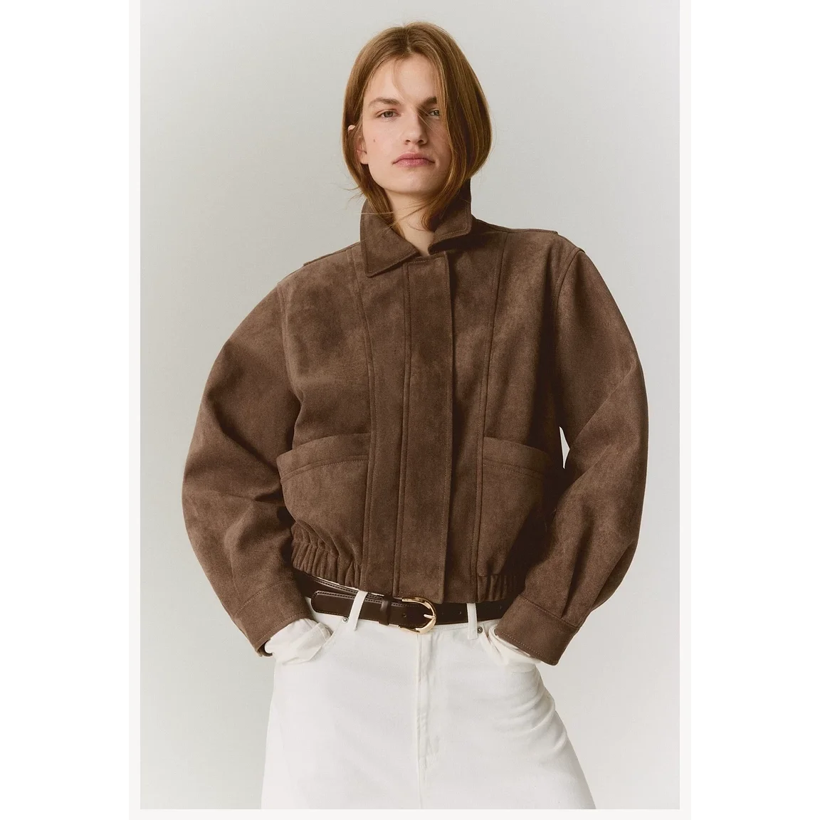 Early Autumn New Arrival Women's Fashion Simple Casual Plush Short Jacket Loose Fit Long Sleeve Zipper Closure No Hat