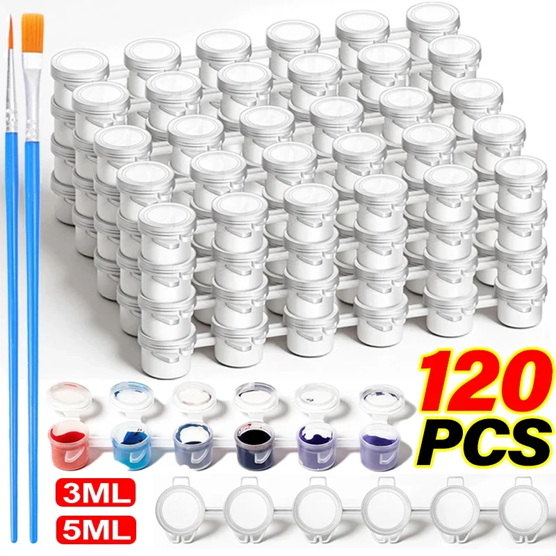 120Pots Empty Paint Pots with Lid 20 Strips 3/5ml Clear Storage Containers with Paint Brushes Arts Crafts Supplies for Paintings