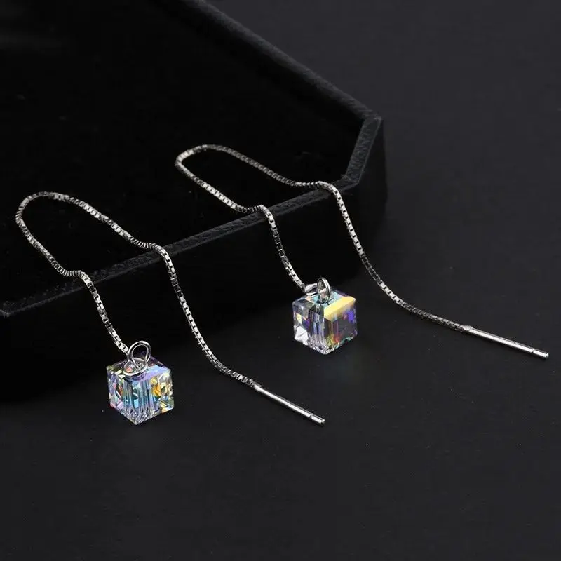 Trend Long Wire Tassel Thread Chain Square Dangle Earrings Women\'s Straight Hanging Crystal Drop Earring Jewelry Wedding Gifts