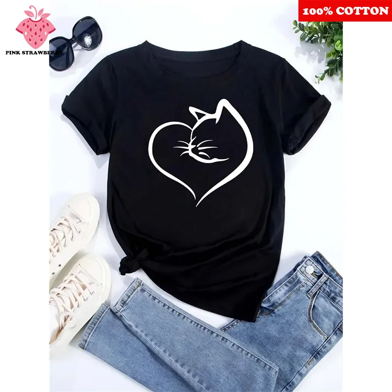 

100% Cotton Cute Cat Print T-shirt Women Summer 25 New Loose Casual Short sleeve T-shirt Y2k Tops korean popular Ladies clothing