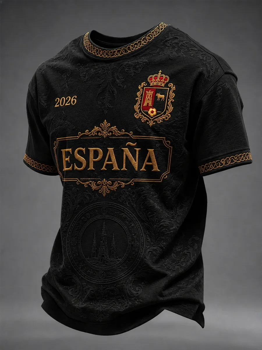 3D Printed Spain 2027 Soccer Jersey Black Subtle Floral Texture Royal Crest ESPANA Letter Castle Graphic Casual Fan Top