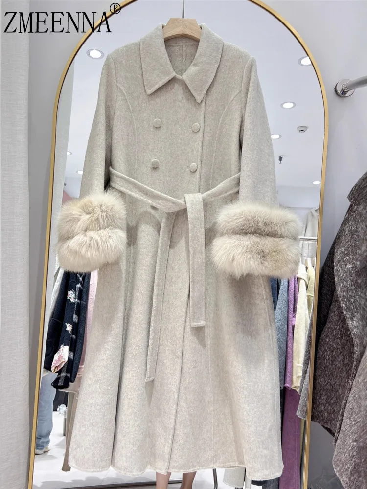 

ZMEENNA женское длинное шерстяное пальто с поясом, двубортное пальто с лацканами, теплая зимняя верхняя одежда, стиль большого размера ZM4412