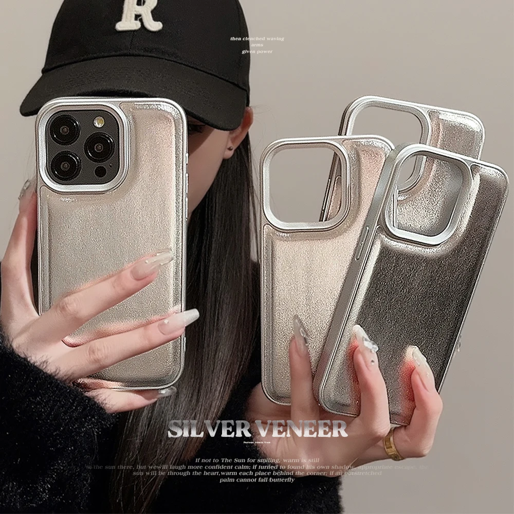 Luxury Luxury Silver Case for iphone 11 12 15 Pro 13 14 Pro Max shockproof leather solid color bulge phone case