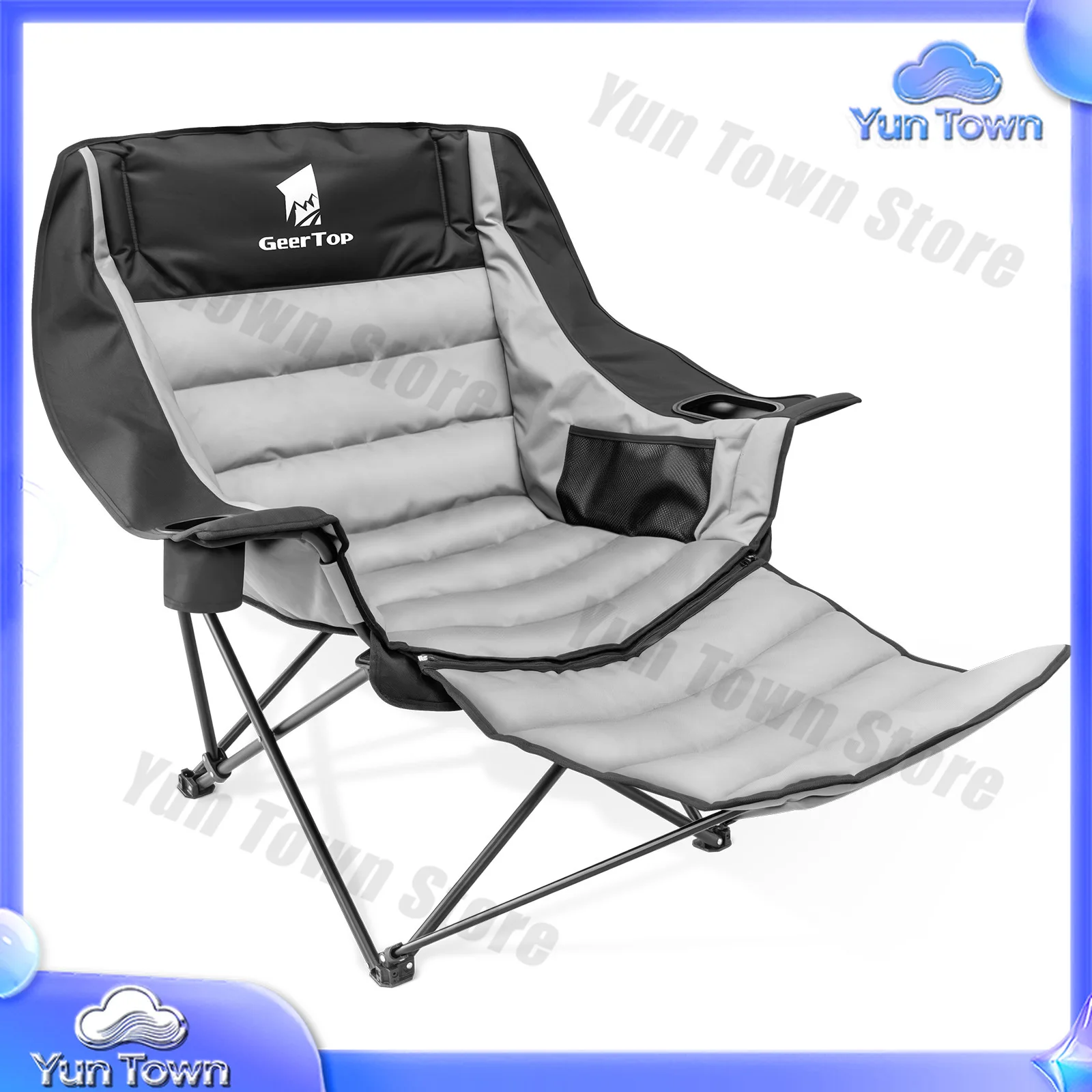 Cross-border outdoor folding chair, padded moon chair with foot rest, portable camping leisure backrest folding beach chair