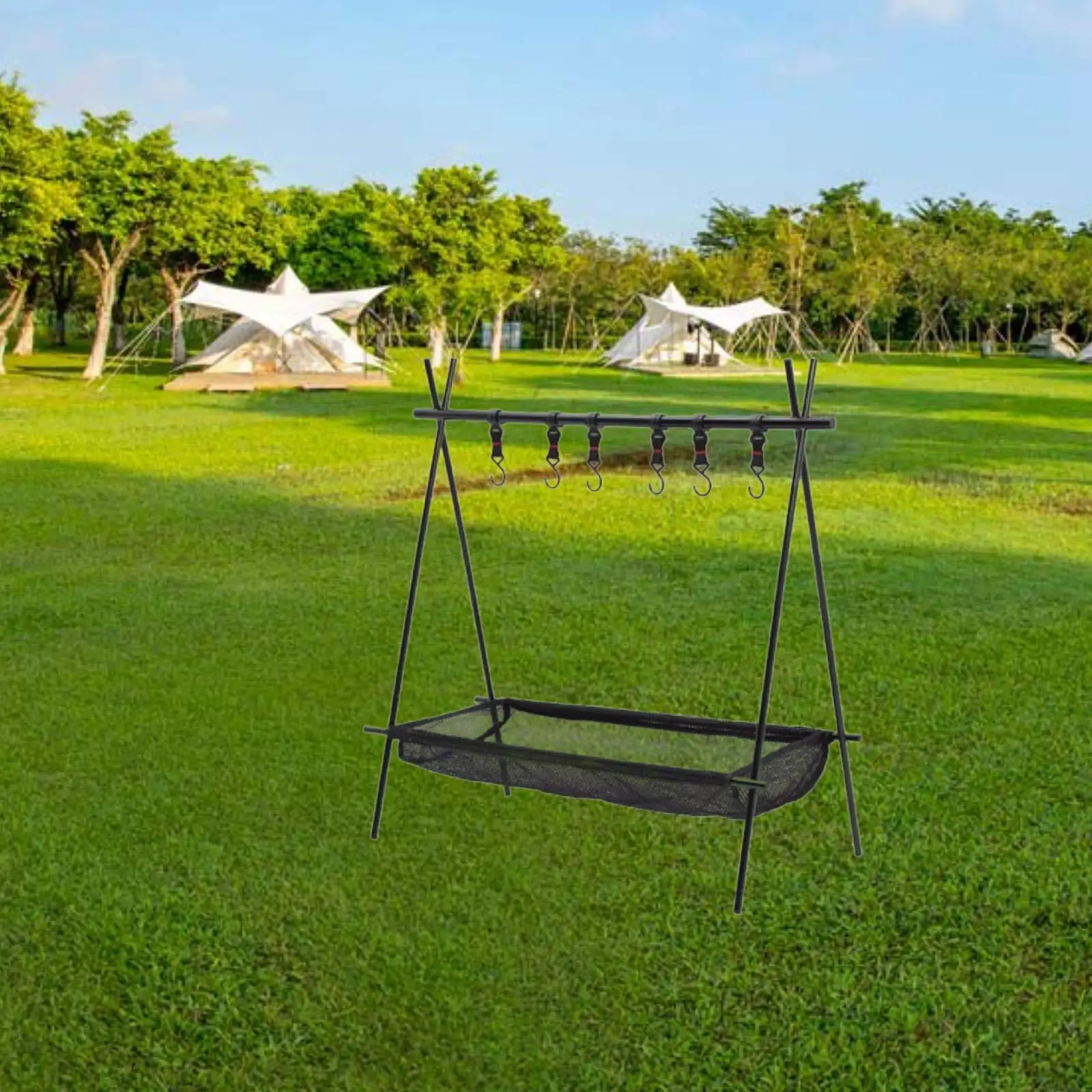 Rack dobrável para acampamento com ganchos e bolso de rede ao ar livre para piquenique, caminhadas, churrasco