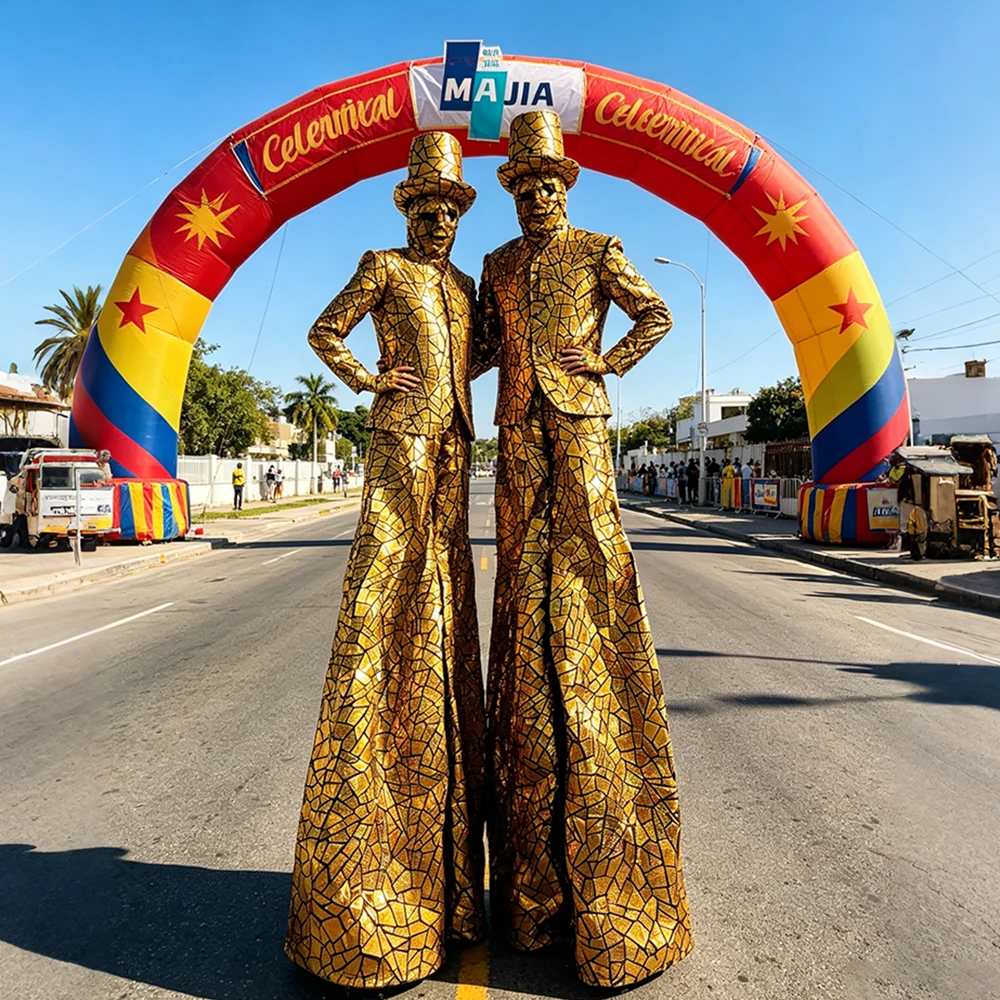 

Gold Robot Stilts Walker Cosplay Costume Shiny Mirror Sequin Fabric Show Stage Performance Suit for Celebration Party Events