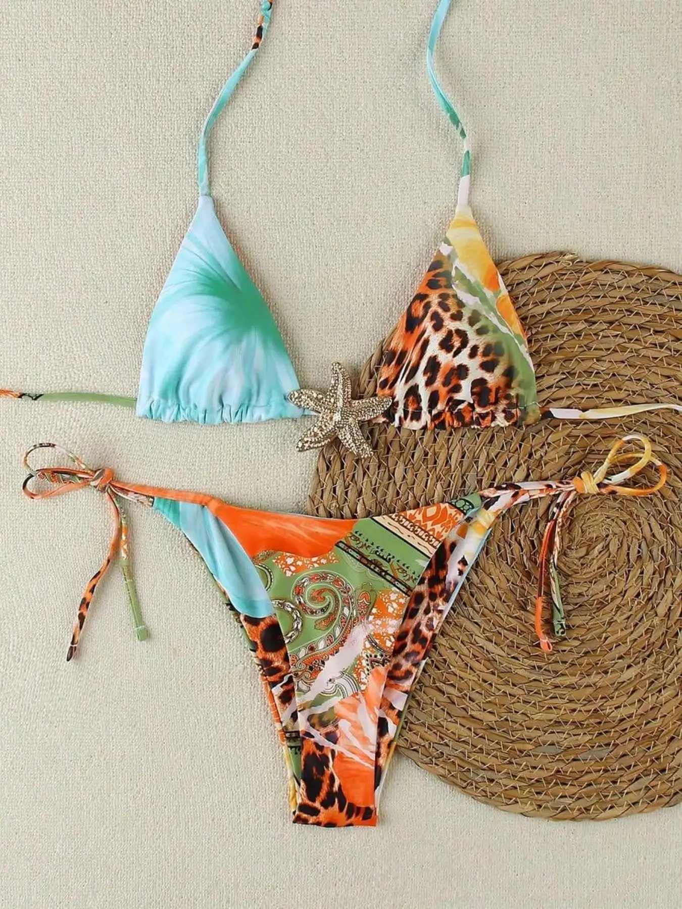 Women's Two Piece Triangle Print Halter Bikini, Sexy Tight Beach Swimwear, Multi-Color Push Up Bathing Suit for Pool Vacation Swimming
