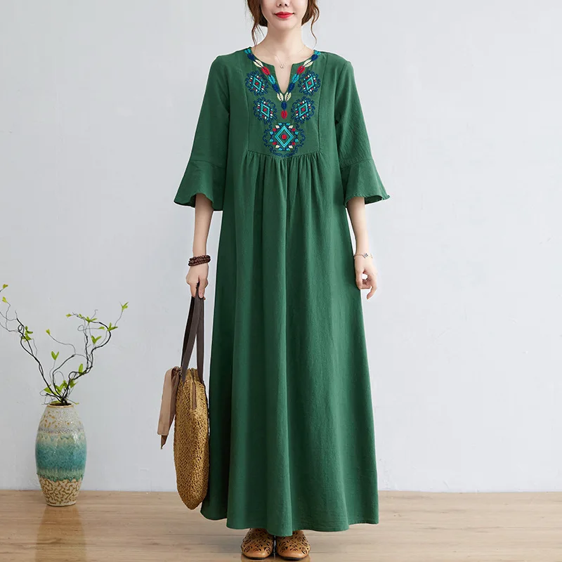 

Loose 2022 New Women Summer Casual Dress Arts Style Vintage Embroidery Cotton Linen Ladies A-line Solid Color Long Dresses