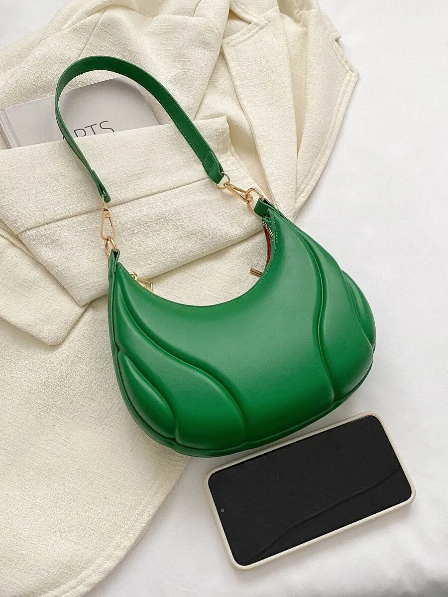

Embossed Green PU Leather Saddle Shape Shoulder Bag For Women Daily Use