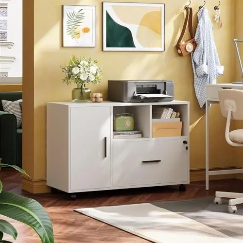 Office File Cabinet with Lock, 1-Drawer Wood Lateral Filing Cabinet on Wheels, Printer Stand with Open Storage Shelves