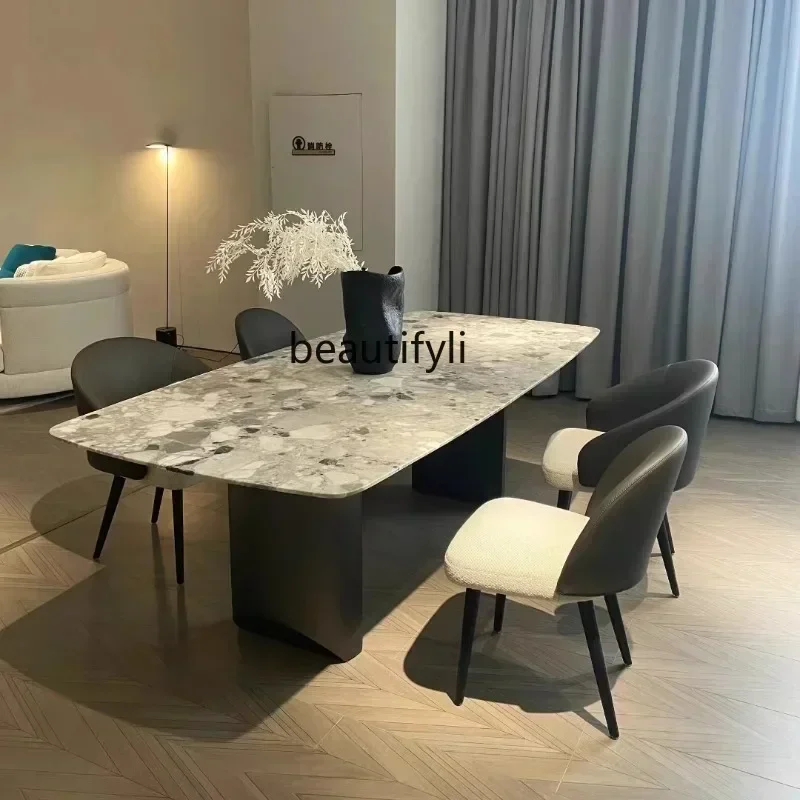 

pg46Imported Venice brown natural marble dining table high-end light luxury white gold sand suspended square table