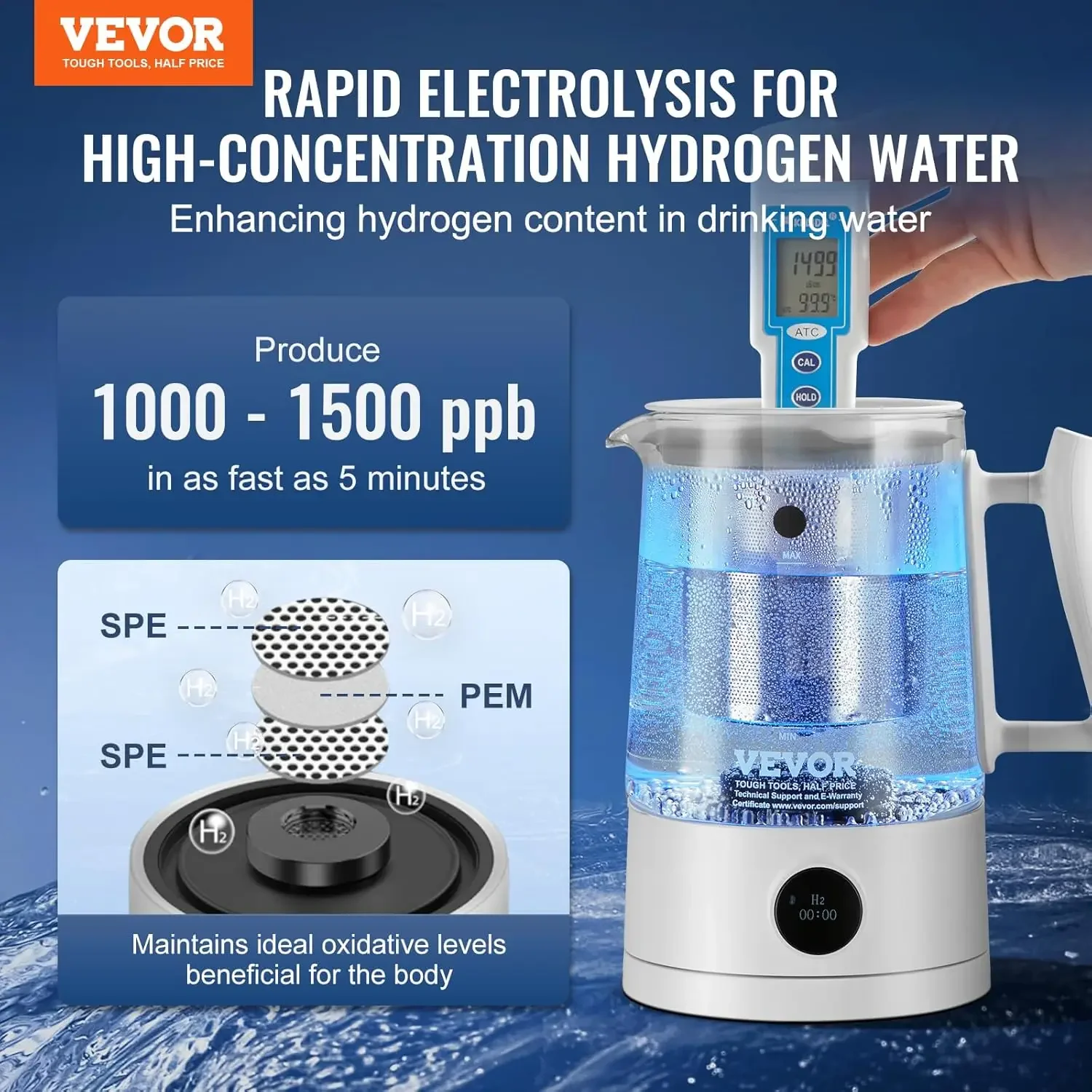 Hydrogen Water Pitcher Generator, 1.5 L / 52.8 oz Large Capacity Hydrogen Generator Water Kettle, SPE and PEM Technology