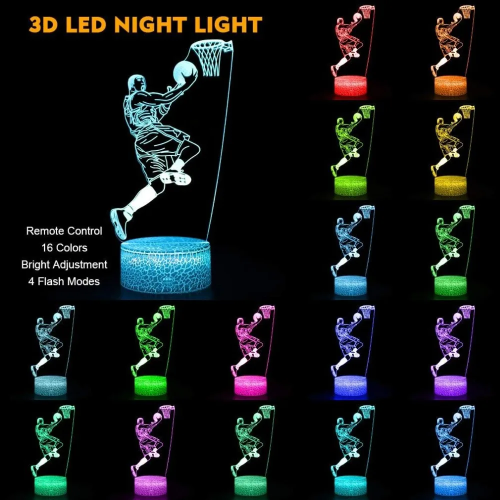 Nighdn Basketball Man 3D Lamp Night Light Brightness Adjusted USB Batteries Powered Table Lamps Boys Girls Kids Christmas Gift