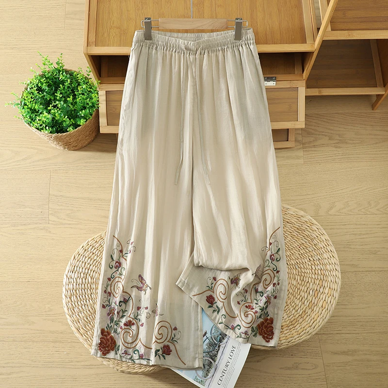 

plus Size Women's Casual Pants Drawstring Wide Leg Cotton Linen Straight Leg Harem Pants Summer New Style High Waist Trousers