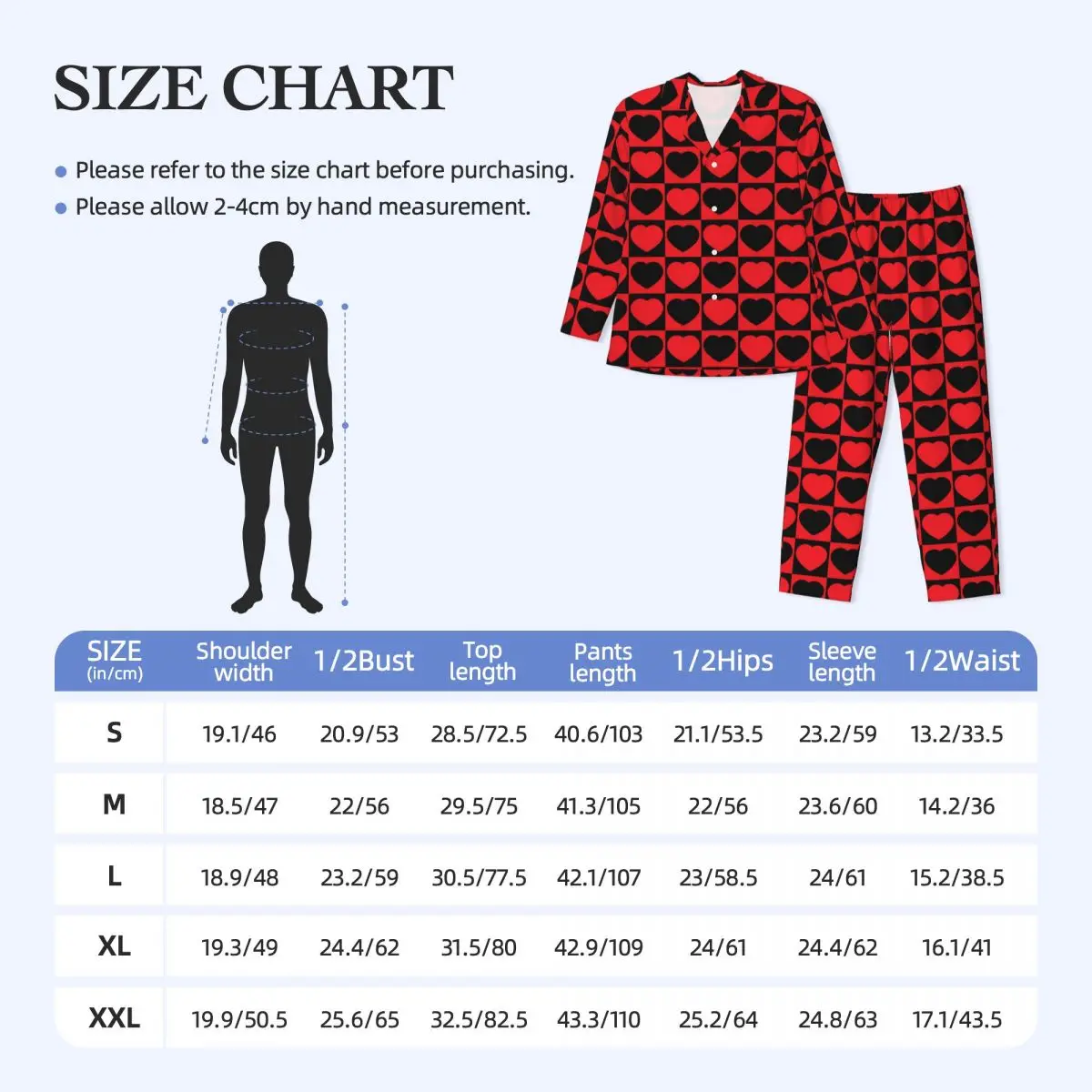 남성용 발렌타인 하트 파자마 세트, 검은색 및 빨간색, 귀여운 잠옷, 긴팔 레트로 데일리 투피스 잠옷 플러스 사이즈