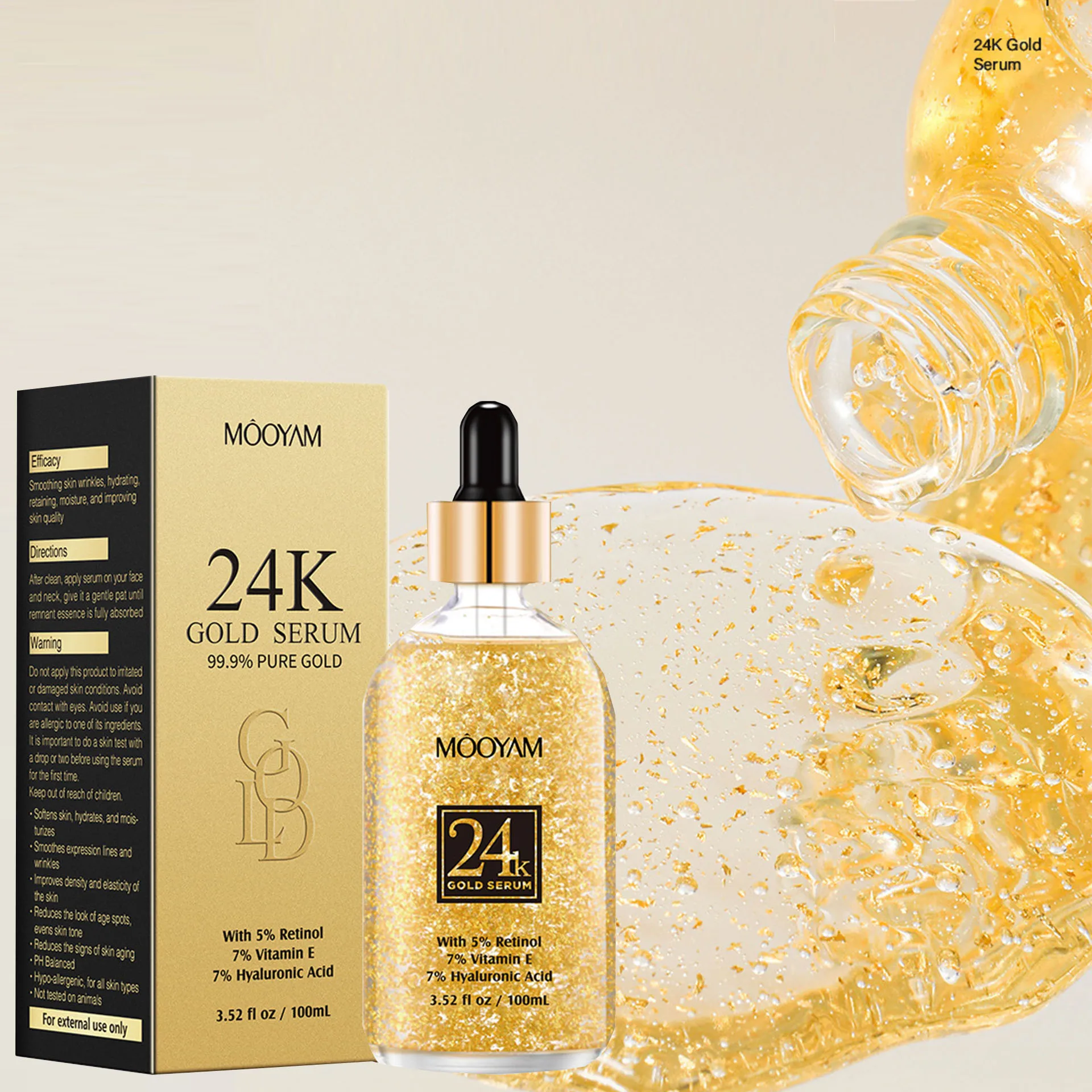 24K Gold Hyaluronic Acid Solution Gold Foil Facial Serum Fading Fine Lines Firming Vitamin E Retinol Hyaluronic Acid Serum