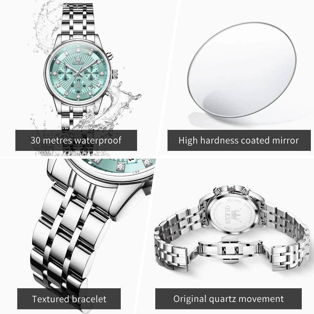OLEVS ساعات نسائية موضة السيدات ساعة كوارتز التقويم الأخضر الهاتفي الفولاذ المقاوم للصدأ الساعات النسائية الفاخرة reloj mujer