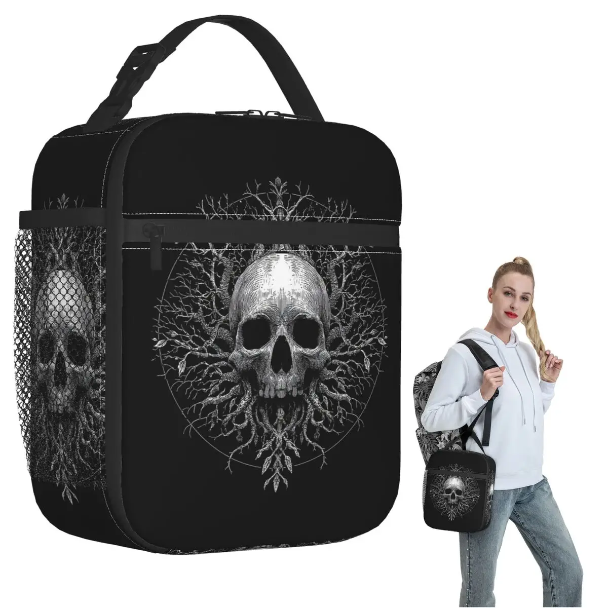 Skeleton Tree Printed Insulated Lunch Bag for Women Kids Portable Food Boxes Thermal Lunch Box Tote