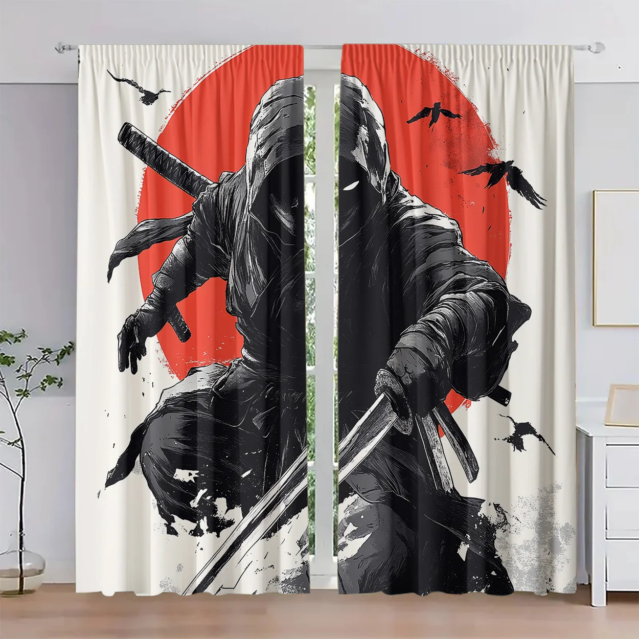 Ninja Warrior Assassin Curtain, Japanese Samurai Red Sun Blackout Drapes, Martial Arts Window Treatment for Boys Room Gaming