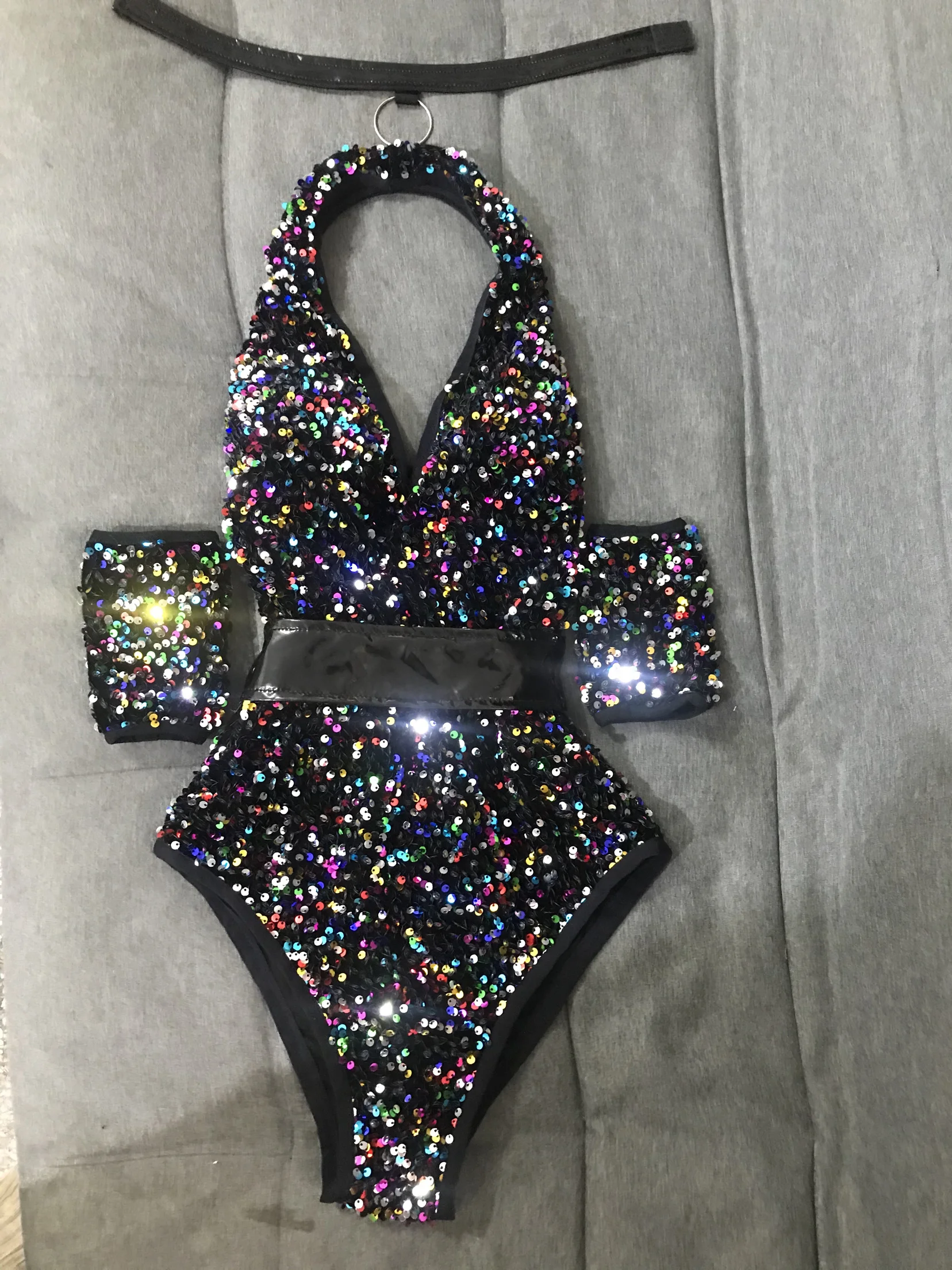 Sexy Backless Halter Sequin Bodysuit Nightclub Bar DJ Singer Team Stage Costume Pole Dance Leotard Performance Party Rave Outfit