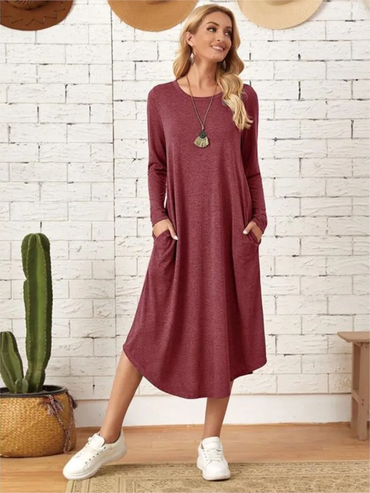 2024 Autumn Winter New Women's Solid Color Casual Long Sleeve Dress With Curved Bottom Loose Round Tie Pocket Dress