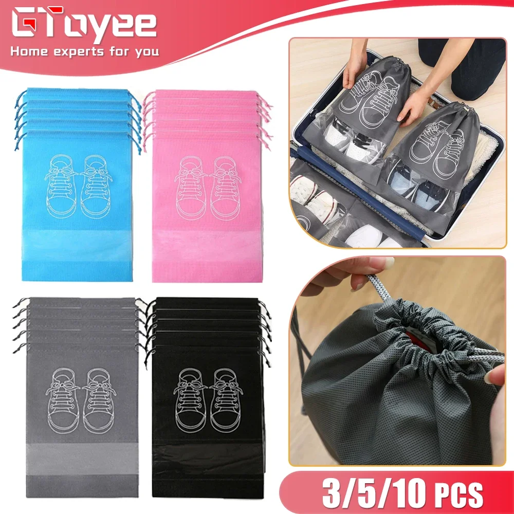 3/5/10Pcs Shoe Storage Bag Wardrobe Capacity Storage Bag Nonwoven Shoe Bag Travel Portable Waterproof Bag Drawstring Hanging Bag