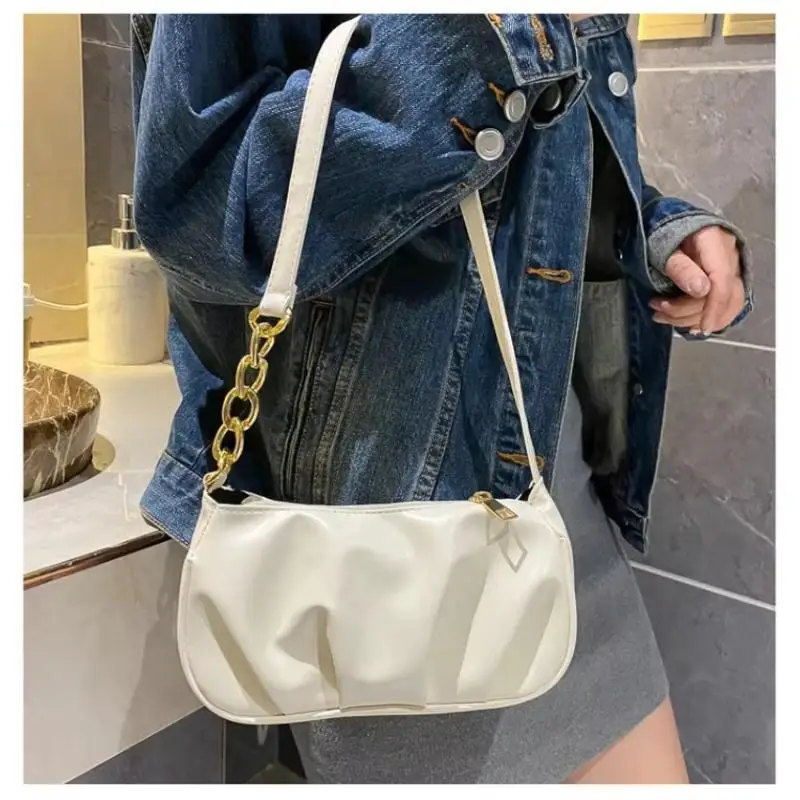 Concise Design New Trendy Autumn Pleated Shoulder Bag For Women Minimalist Small Square Portable Underarm Crossbody Handbag