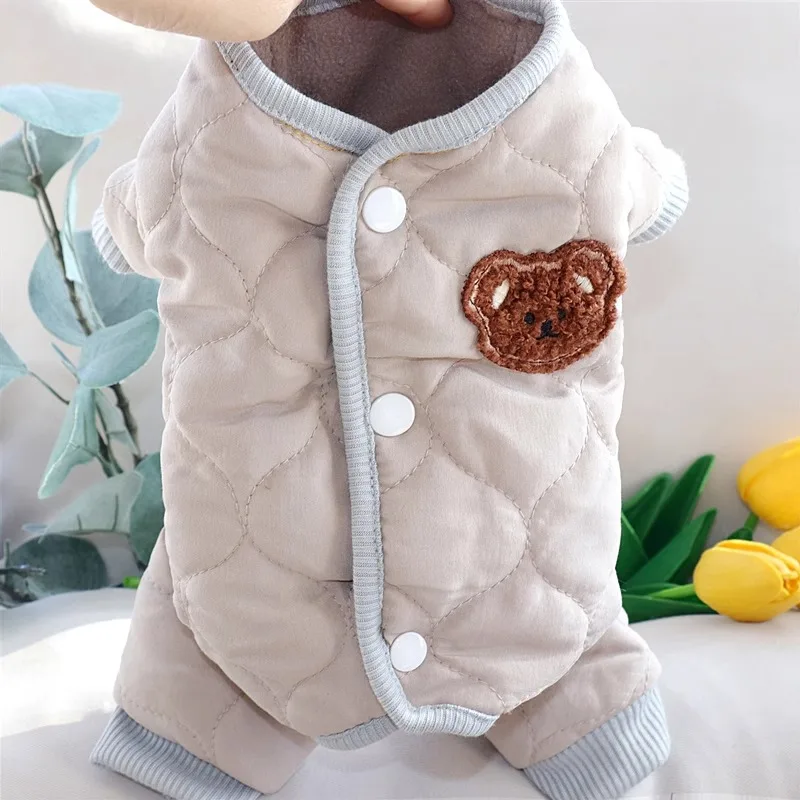 

Winter Pet Four-legged Cotton Clothes Teddy Warm Clothes Pomeranian Solid Color Cardigan Yorkshire Casual Jumpsuits