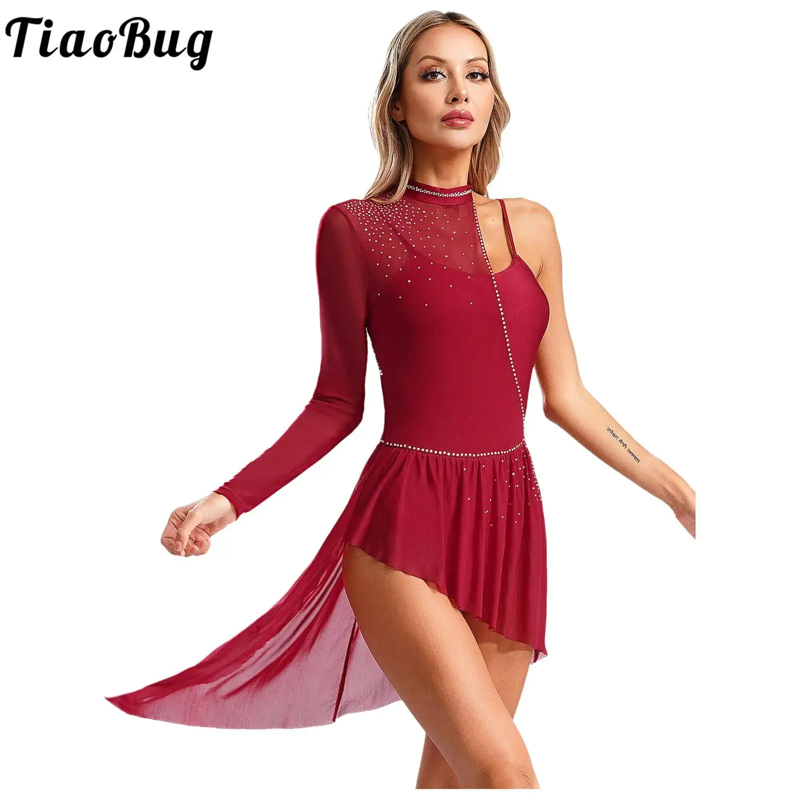 

Women Figure Skating Dance Dresses Lyrical Modern Ballet Performance Costume Mesh Long Sleeves Patchwork Leotards Chiffon Dress