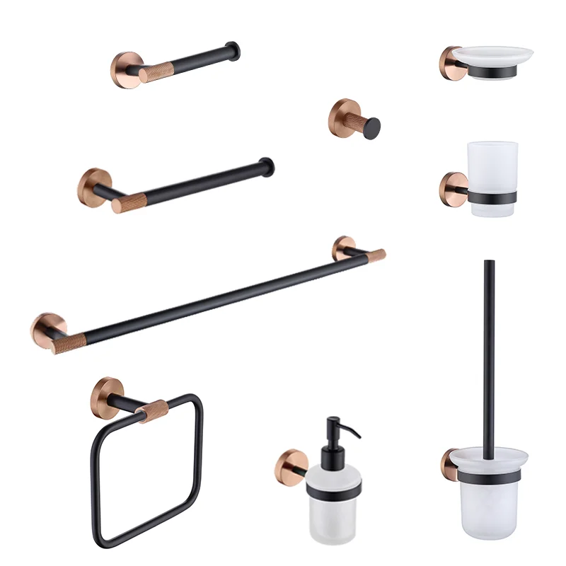 

High Quality Rose Gold & Black Towel Bar Paper Holder Towel Ring Cup Holder Wall Mounted Stainless Steel Bathroom Accessories