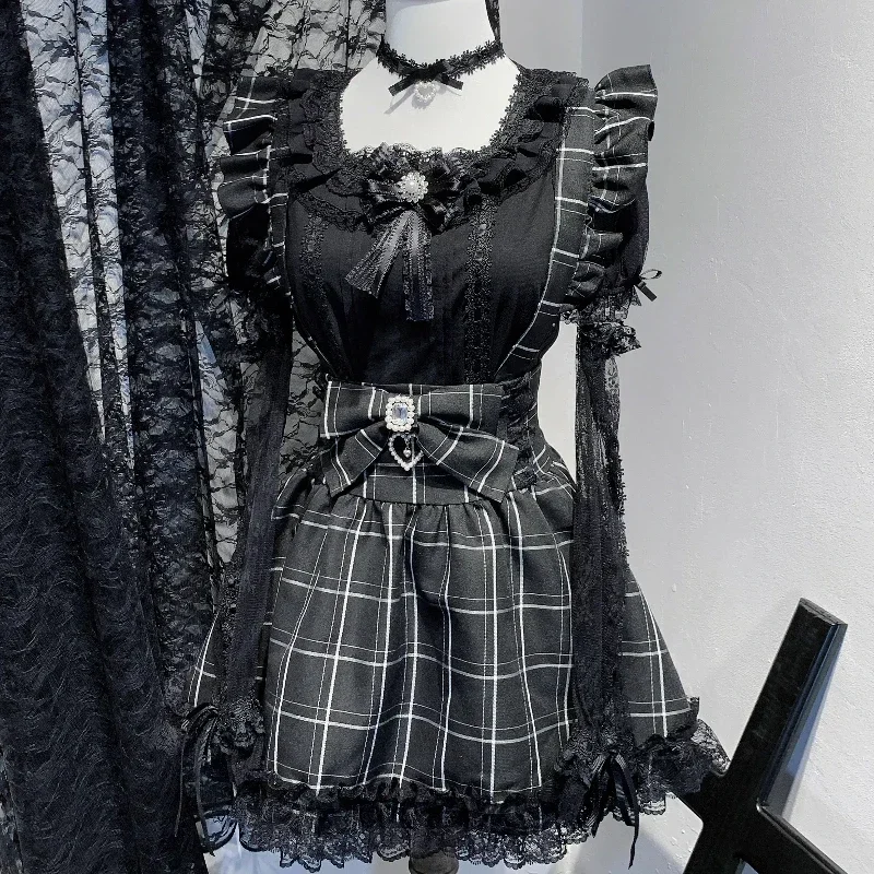 2025 Japanese New Mine Mass Production Cute Bow Lace Plaid Strap Skirt Girls Spring Women's Sweet Lolita Splicing Sleeves Shirt