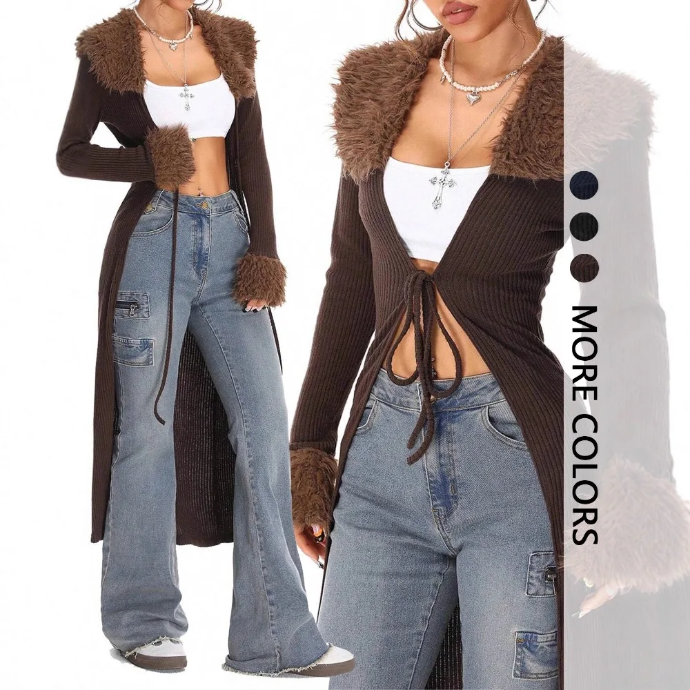 2026 Women's Spring and Autumn Winter New Urban Y2K Knitted Retro Dark Coat Cardigan Plush Cuffs Collar Extra Long Slim Tie