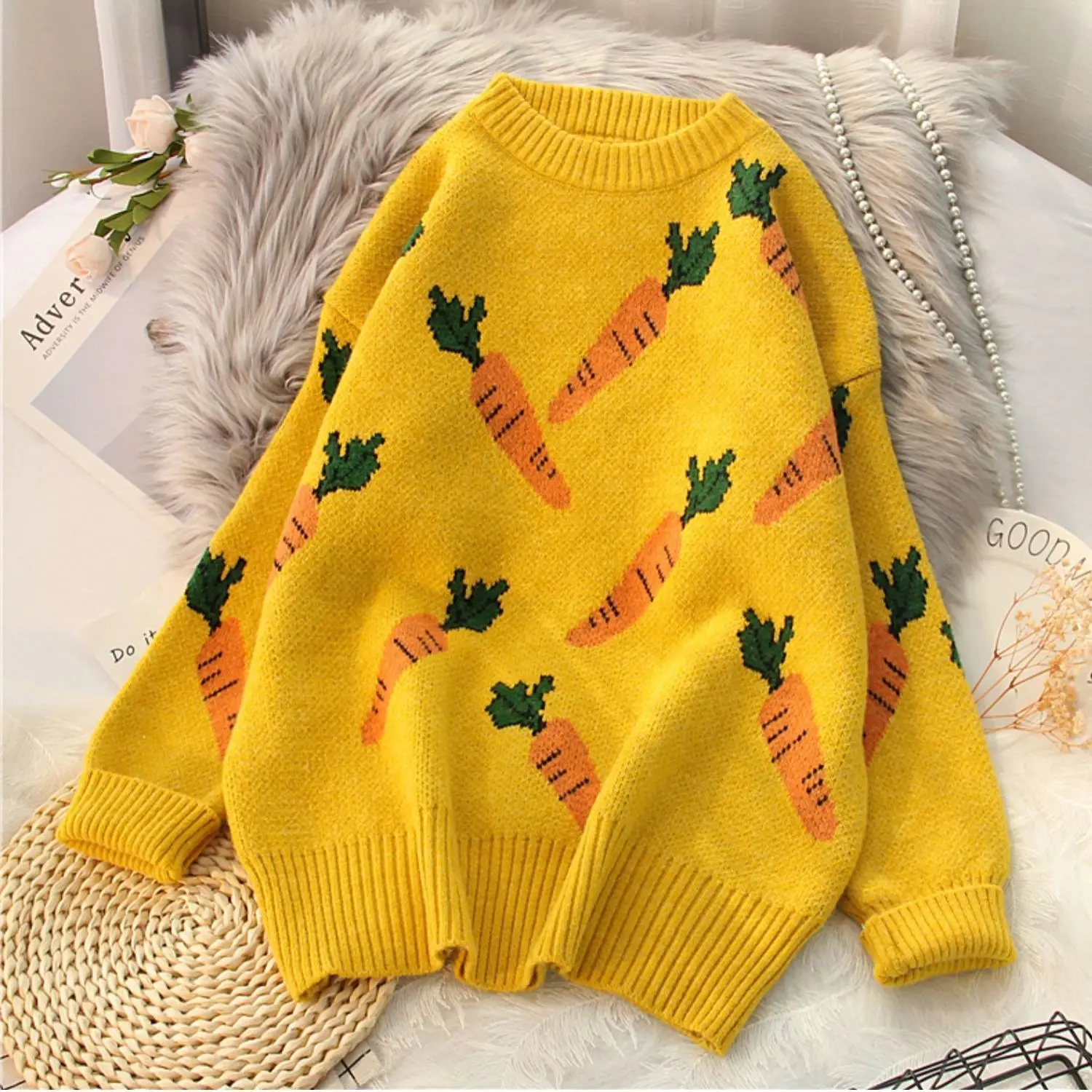 2023 Autumn/Winter New Sweater Outerwear Korean Student Pullover Slouchy Loose Knitted Top