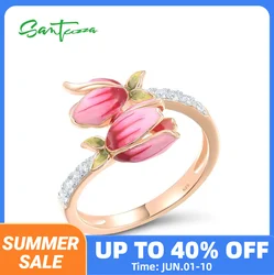 SANTUZZA Genuine 925 Sterling Silver Rings For Women Sparkling White Cubic Zirconia Enamel Tulip Flower Rose Plated Fine Jewelry