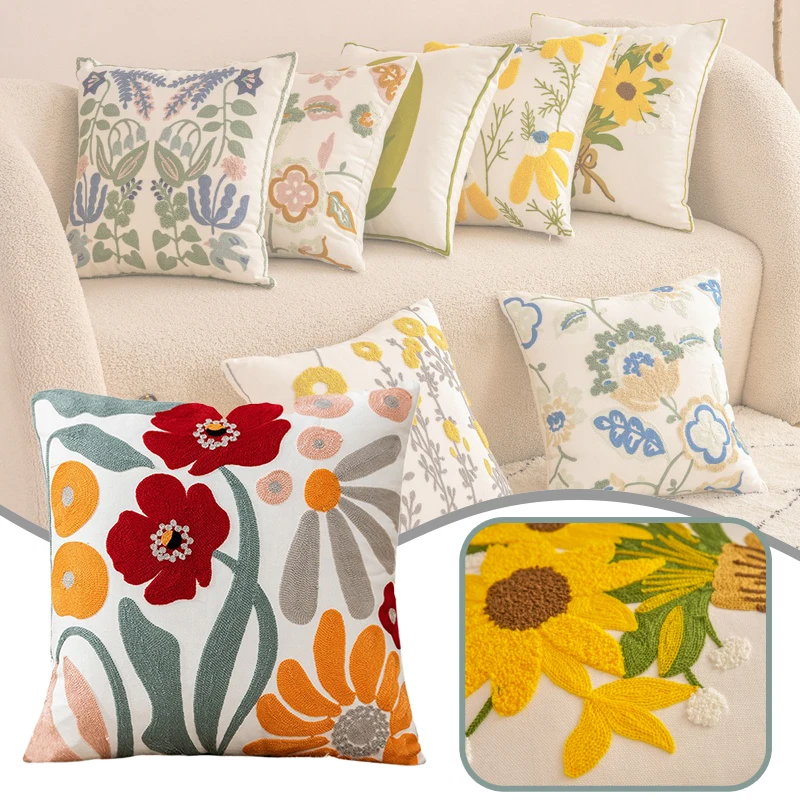 

3D Floral Embroidery Pillow Cover 45x45CM Square Cotton Canvas Cushion for Sofa Office Baby Room Decorative Throw Pillowcase
