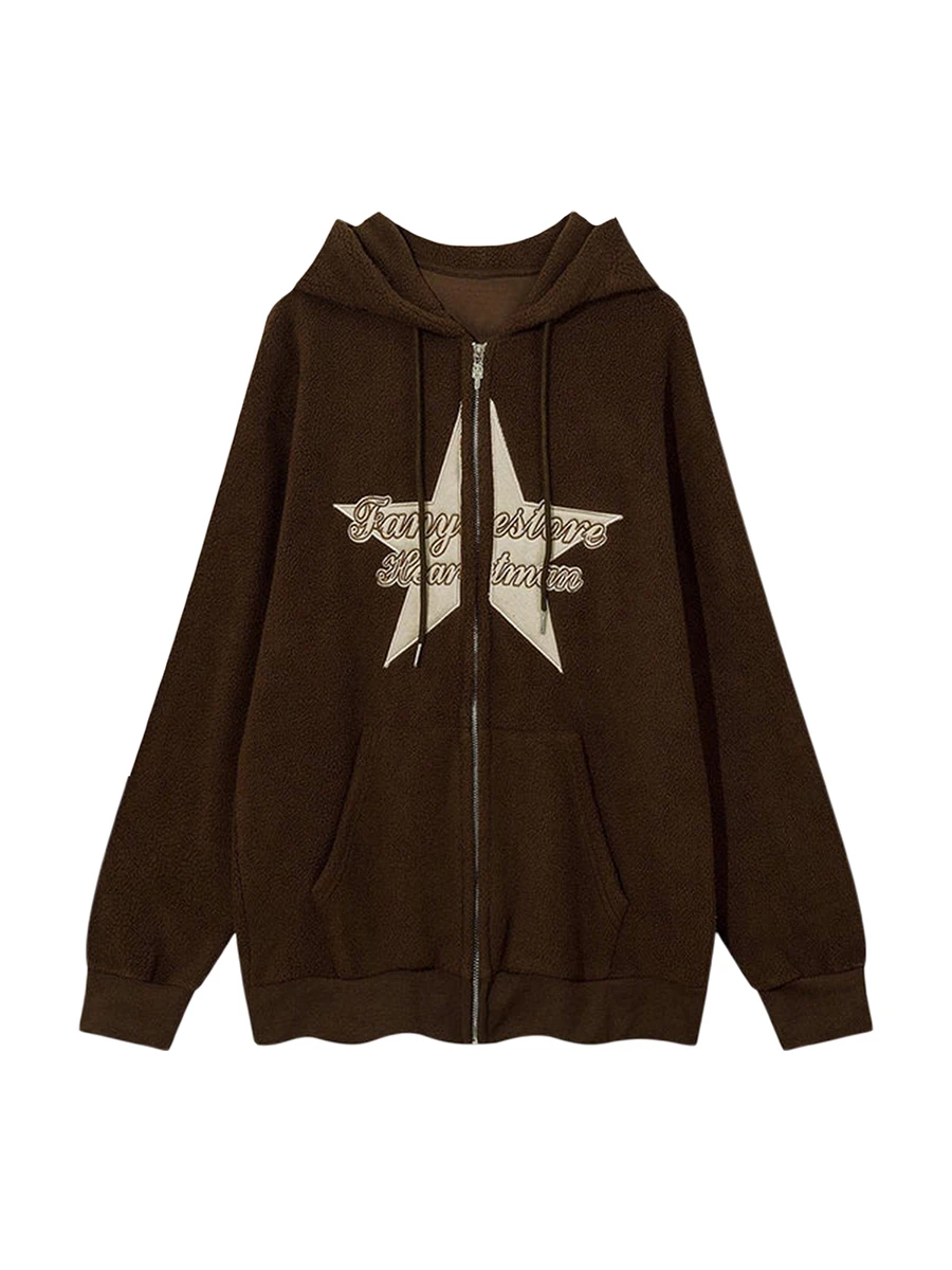 Women Hoodie Long Sleeve Hooded Embroidery Star Letters Sweatshirt Casual Jacket Outwear with Pockets