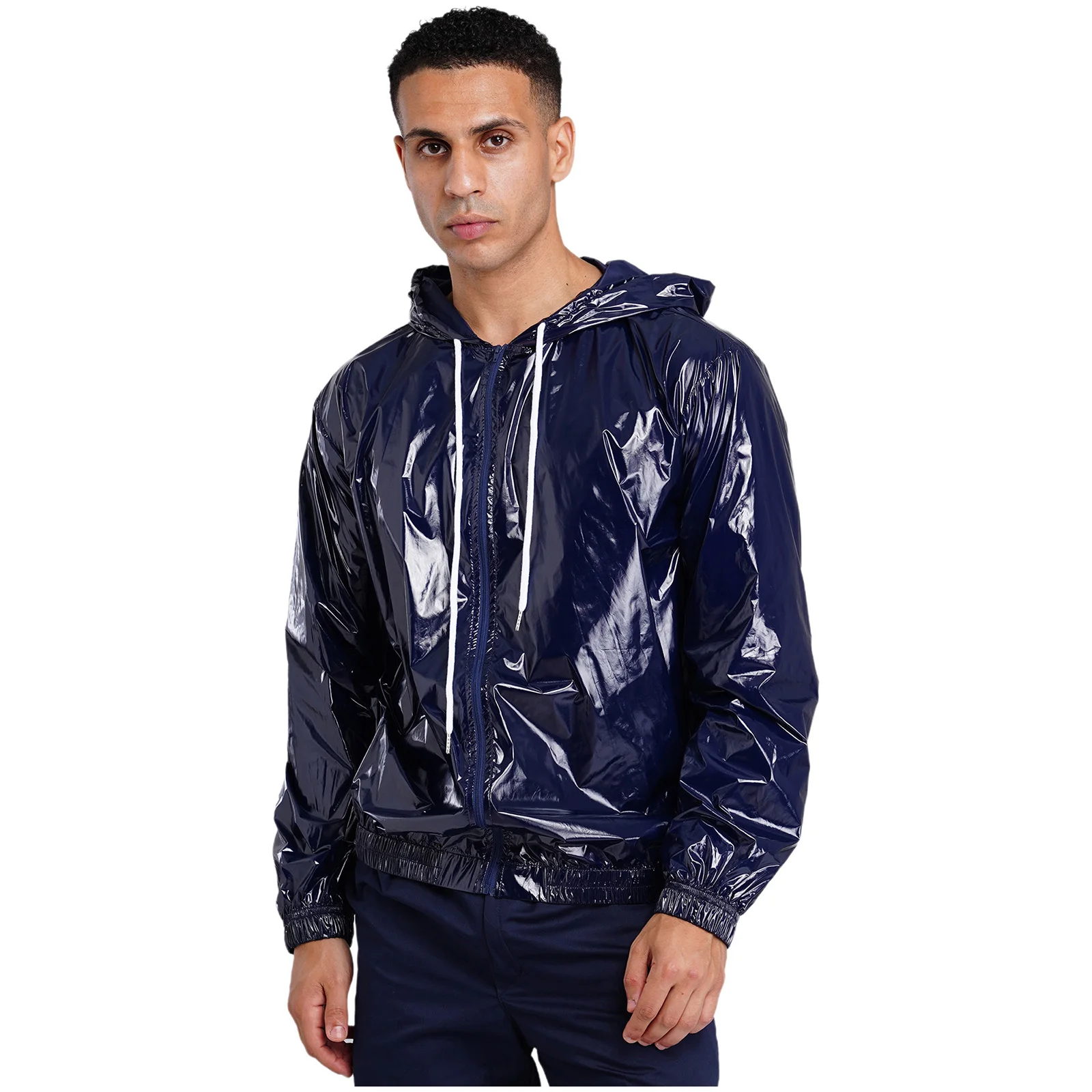 Men Waterproof Glossy Hooded Jacket Windbreaker Raincoat Long Sleeve Zipper Sweatshirt Outerwear Hip Hop Street Dance Costume