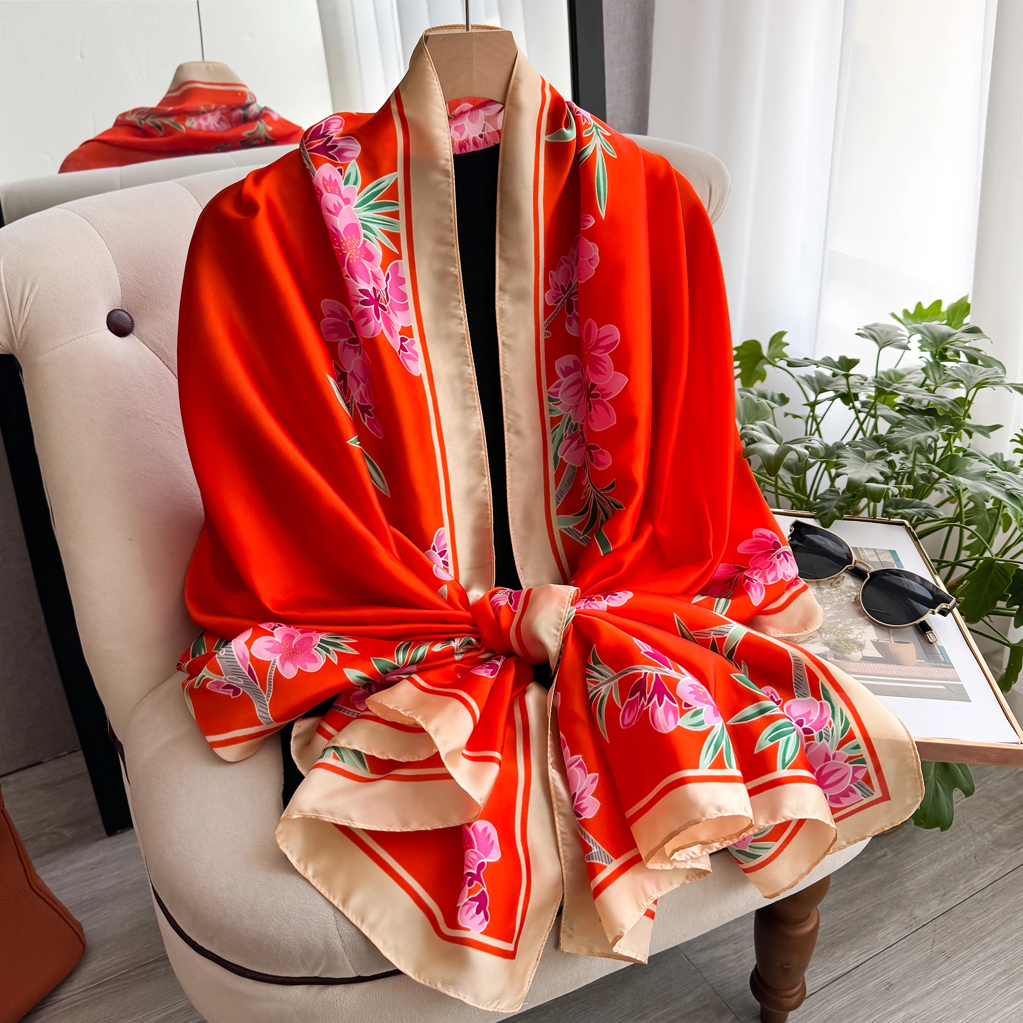 Klassischer Seidenschal 180x90cm für Damen, großer modischer bedruckter Schal für Büro, Hijab, Strandtuch, Bandana, Muffler, Pareo – Detail 11