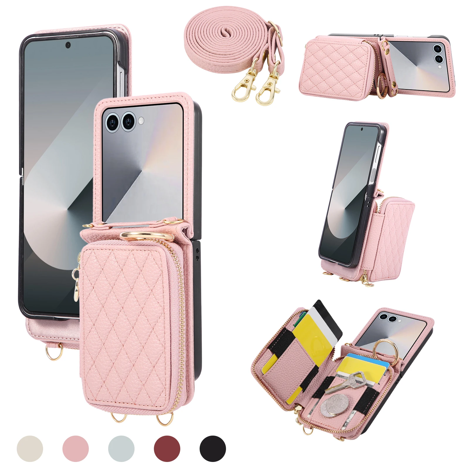 

Кожаный чехол-держатель с кольцом на молнии через плечо для Samsung Galaxy Z Flip 7 6 5 4 3 7FE с длинным ремешком и сеткой