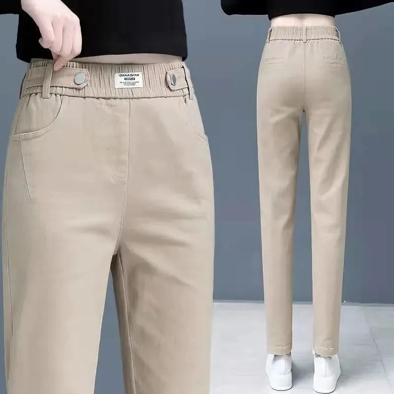 Calça coreana feminina reta de algodão, calça de harém elástica de cintura alta, casual solta, nova moda, primavera e outono, 2023