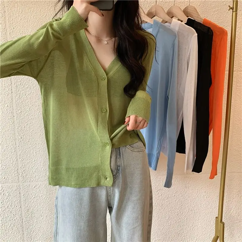 Summer Casual Loose Thin Long Sleeve Coat Women Fashion All-match V-neck Button Cardigan Sexy Transparent Y2k Sunscreen Clothing