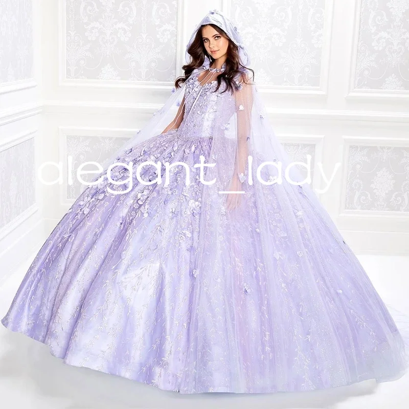 Mexican Vestido De 15 Anos Lilac Charro Quinceanera Dresses with Cloak Lace Applqiued Corset Sweet 16 Dress Abiti Da Cerimonia