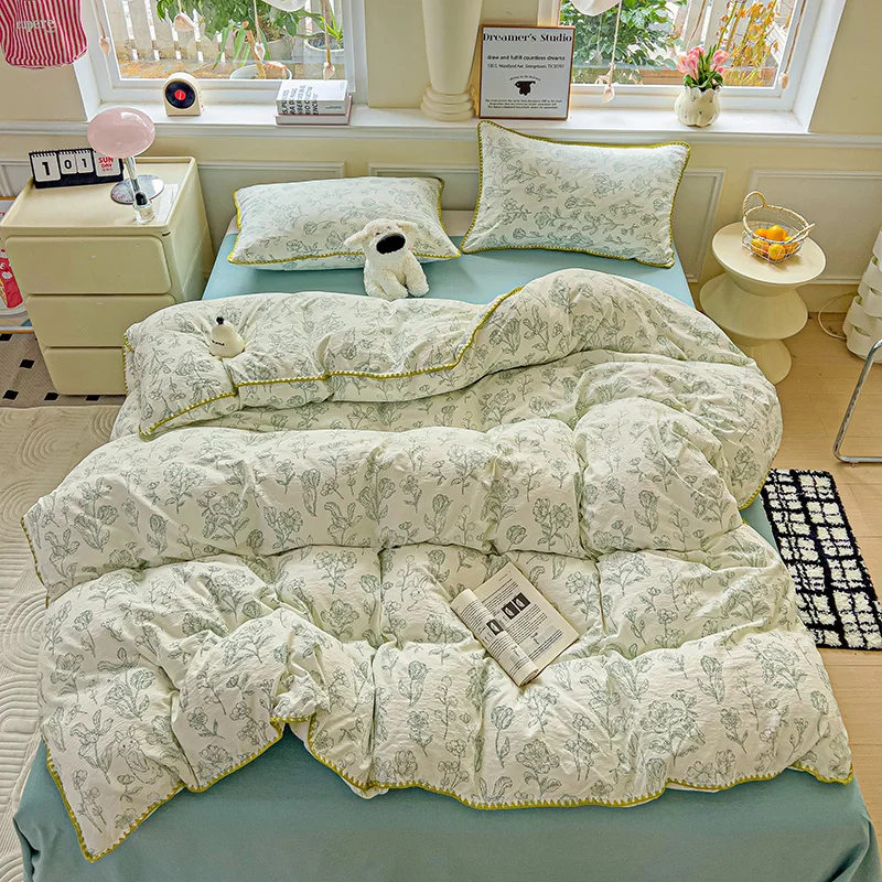 Flower Printed Duvet Cover Sets Queen/King Bedding Set with Shell Edge Washed Cotton dekbedovertrek 240x220  이불 커버 Bed Cover Set