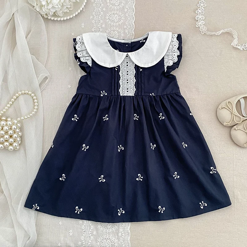 2026 New Summer Sister Clothing 2-6Yrs Baby Girl Party Dress Flying Sleeve Cotton Embroidery Splice Kids Princess Dresses