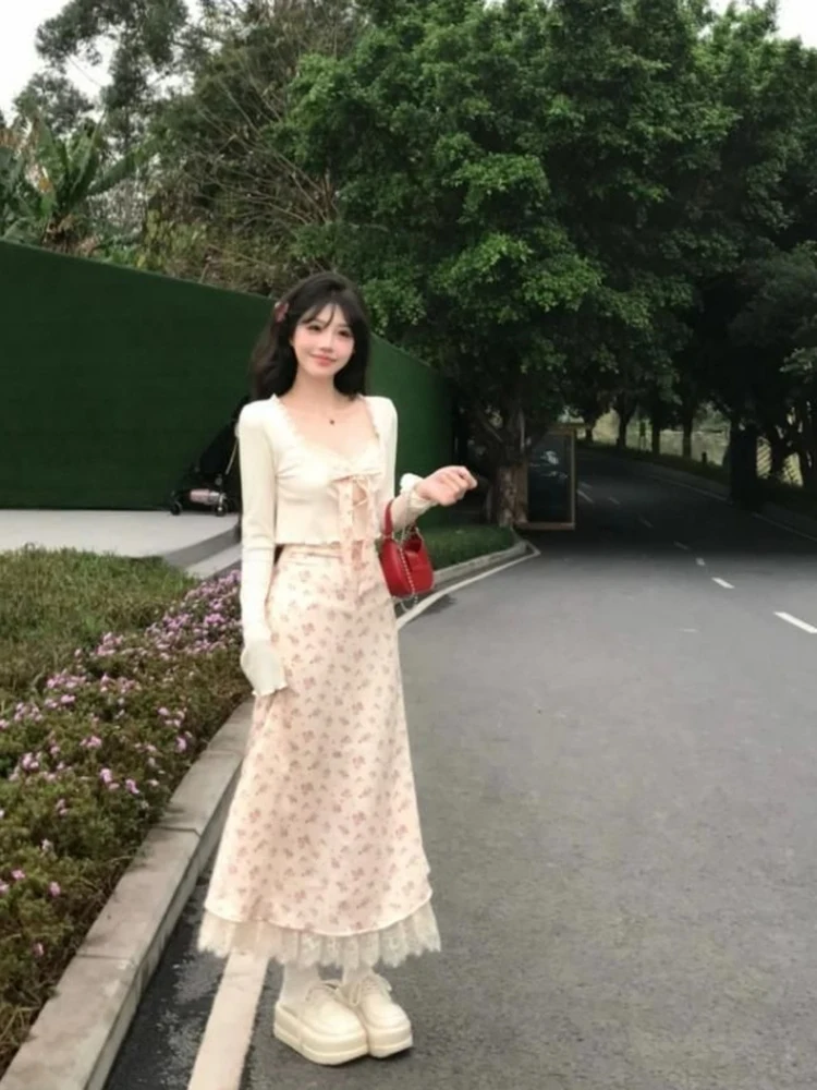 Summer Vaion Sle Beautiful Floral Print ter Dr Cardigan Two-Piece Set Pure Desire Sweet A-Line Skirt High Waist