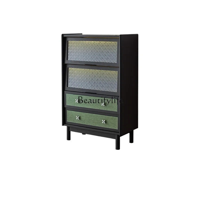 

Light sandalwood retro solid wood side cabinet, the locker is integrated against the wall