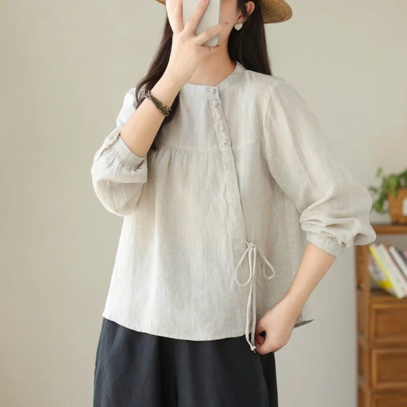 

Women's Literary Stand Collar Slanted Cotton and Linen Spring and Autumn Loose Lace Top